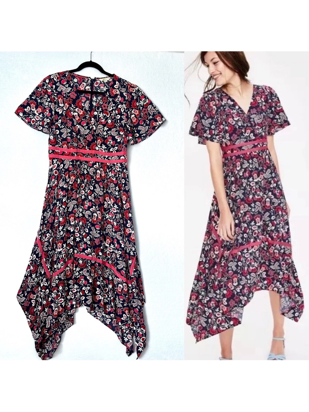 Boden Holly Hanky Hem Floral Spring Midi Dress Size 8 Modest Asymmetrical Hem